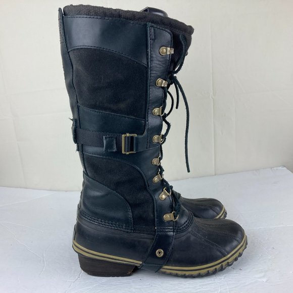 Sorel Conquest Carly Womens Sz 9.5 Leather Lace Up Winter Boots Black - Picture 9 of 15